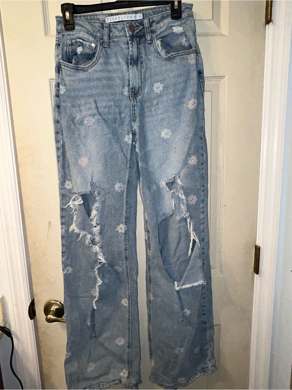 Tinseltown Light Blue Floral Distressed Wide Leg Jeans